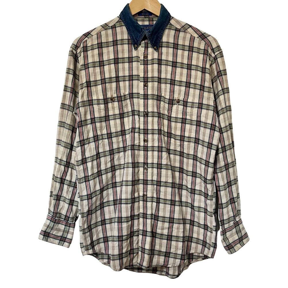 VTG Pendleton Mens Plaid Button Shirt Size S Denim Collar Western Barn Country‎